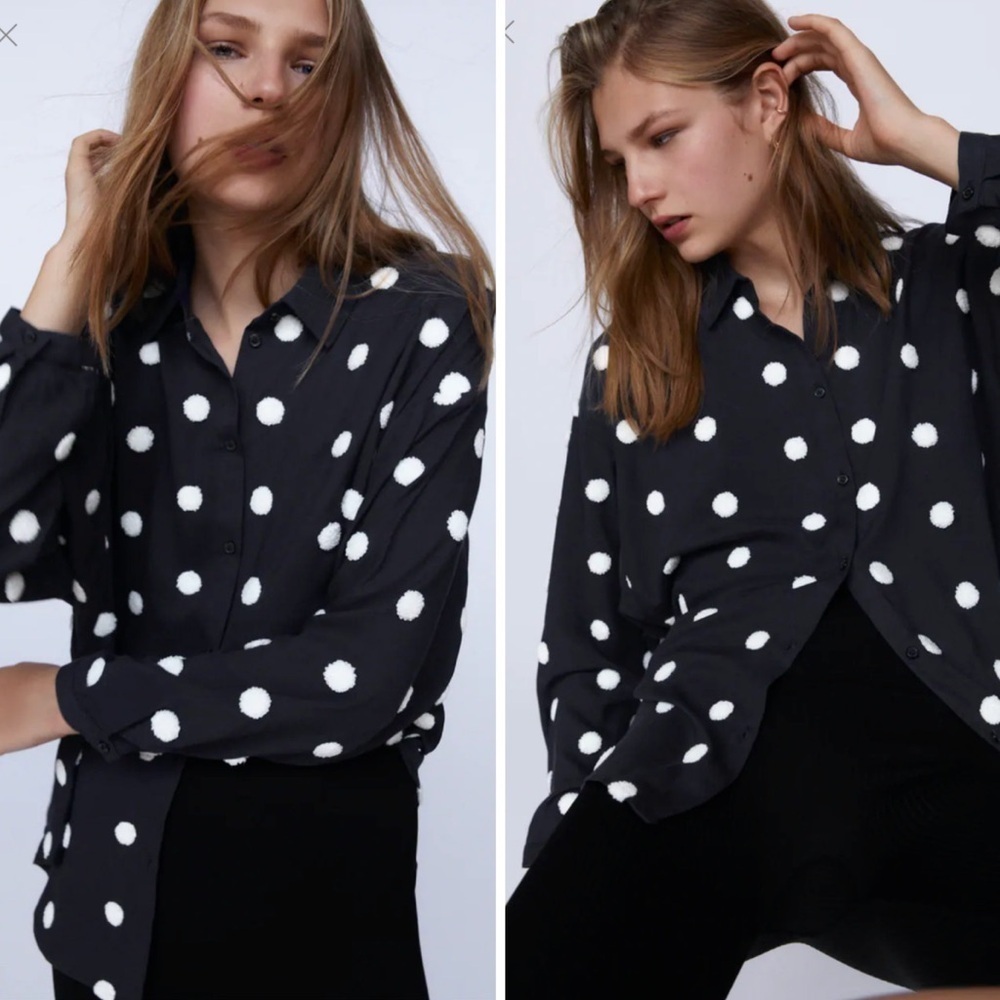 Zara Textured Polka Dot Pom Pom Button Down Shirt Blouse White Black Size XS